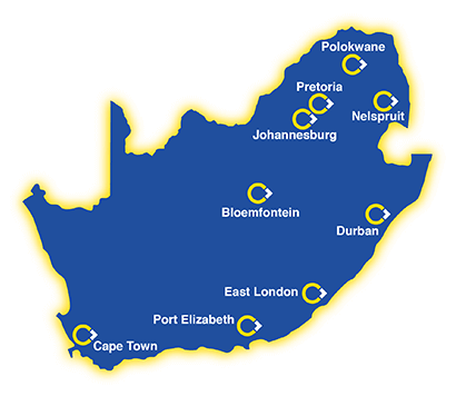 A map showing our service locations: Cape Town, Port Elizabeth, East London, Durban, Bloemfontein, Johannesburg, Pretoria, Gaborone